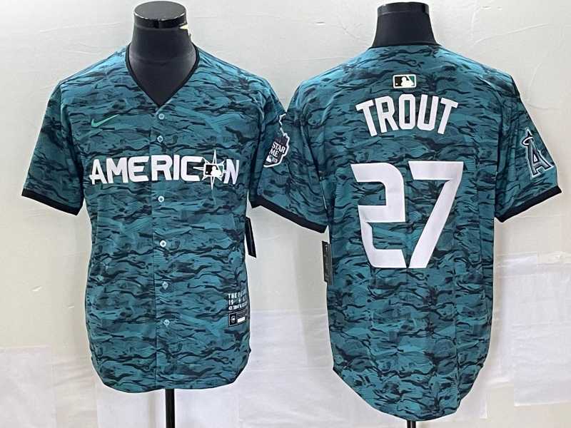 Men%27s Los Angeles Angels #27 Mike Trout Teal 2023 All Star Cool Base Stitched Jersey->los angeles angels->MLB Jersey